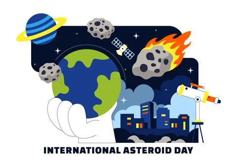 World Asteroid Day Vector Illustration Featuring Earth, Space Rockets, Mete.. Illustrazione stock