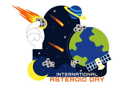 World Asteroid Day Vector Illustration Featuring Earth, Space Rockets, Mete.. Illustrazione stock