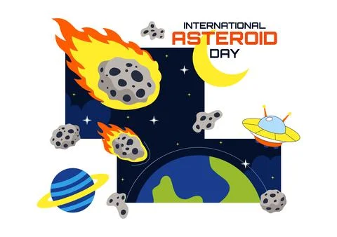 World Asteroid Day Vector Illustration Featuring Earth, Space Rockets, Mete.. Illustrazione stock