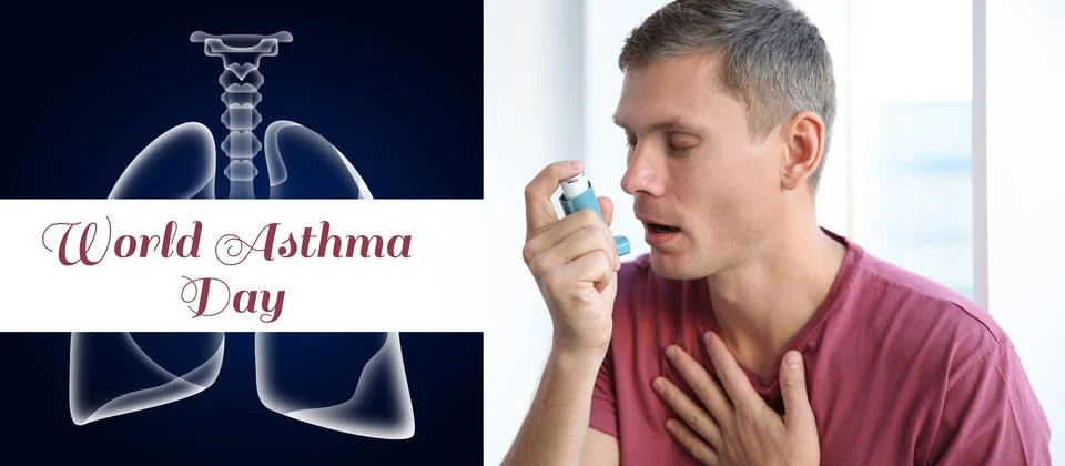World asthma day. Young man using inhaler at home Stock Photos