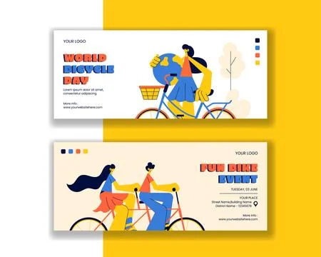 World Bicycle Day Creative Horizontal Banner Layout with Cartoon Background.. Illustrazione stock