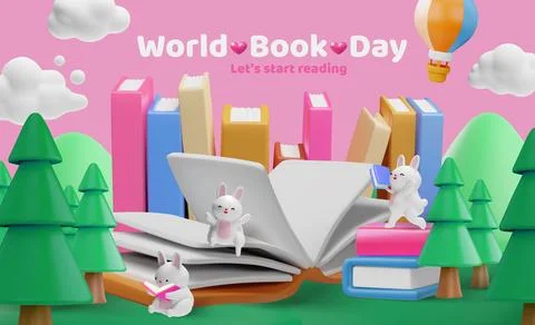 World book day 3D vector banner design, happy bunnies reading books on nature 스톡 일러스트