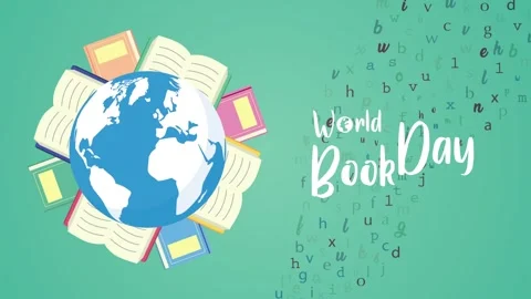 World book day animation with spinning globe and open books surrounded by f.. 스톡 동영상 338400899