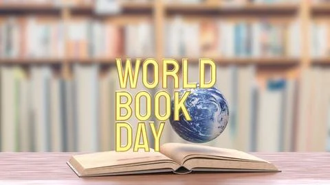 World Book Day Concept with Floating Globe and Open Book 3d render.. Stock Illustration