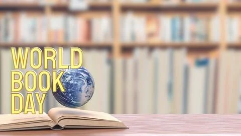 World Book Day Concept with Floating Globe and Open Book 3d render.. Stock Illustration