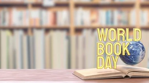 World Book Day Concept with Floating Globe and Open Book 3d render.. Stock Illustration