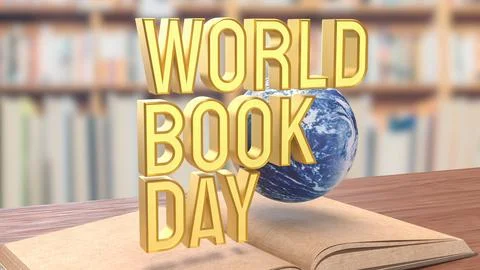World Book Day Concept with Floating Globe and Open Book 3d render.. 스톡 일러스트