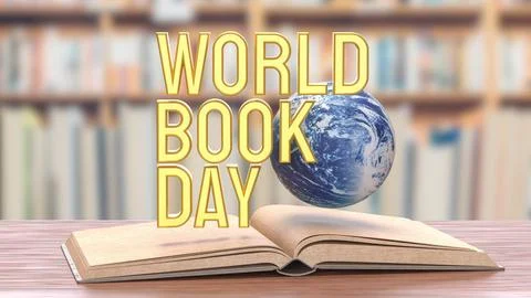 World Book Day Concept with Floating Globe and Open Book 3d render.. 스톡 일러스트