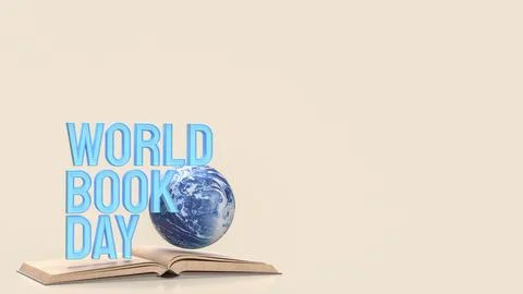 World Book Day Concept with Globe and Open Book 3d render.. Illustrazione stock