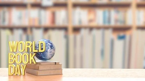World Book Day Concept with Globe on Stacked Books 3d render.. Stock Illustration