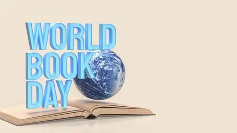 World Book Day Concept with Globe and Open Book 3d render.. Stock Illustration