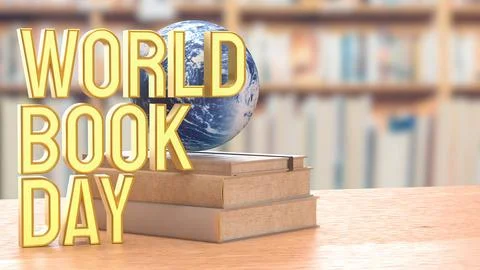 World Book Day Concept with Globe on Stacked Books 3d render.. Stock Illustration