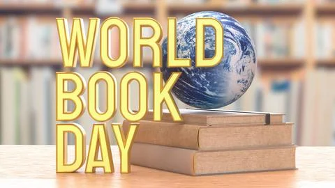 World Book Day Concept with Globe on Stacked Books 3d render.. Stock Illustration