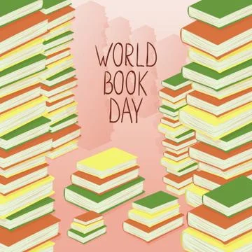 World book day. Stack of colorful books on background. Stock Illustration