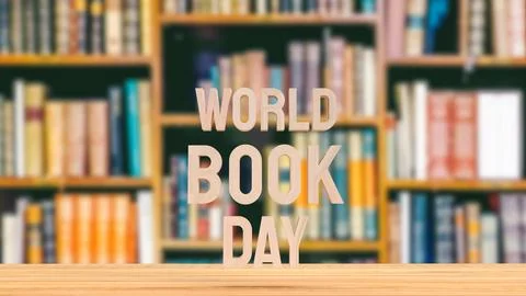 The world book day text on library background for holiday concept 3d renderin Stock Illustration