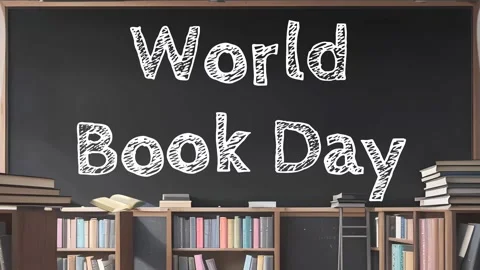 "WORLD BOOK DAY" text motion on Blank blackboard or chalkboard and books Stock Footage 259940697