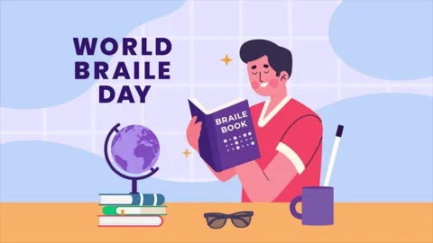 World Braille Day 2D animation with blind man reading Video stock 320767965