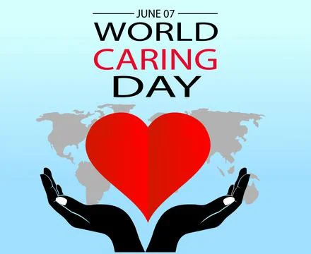 World Caring Day on June 07 hand with red heart and world map on back, Stock Illustration