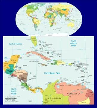 World Central America Caribbean political maps Stock Illustration