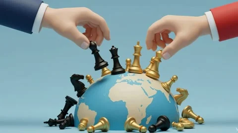 World chess game with human hands moving pieces on the globe Stock Footage 317949600