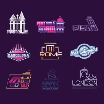 World cities labels set, logo graphic templates vector Illustrations Ilustración de archivo