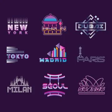 World cities labels set, logo graphic templates vector Illustrations 스톡 일러스트