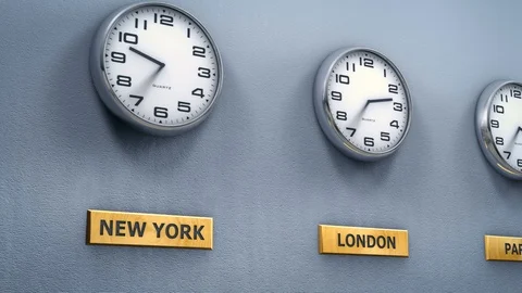 World cities time on office wall clocks Stock Footage 100061953