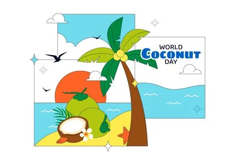 World Coconut Day Vector Illustration Featuring Fresh Tropical Coconuts, Pa.. Stock Illustration