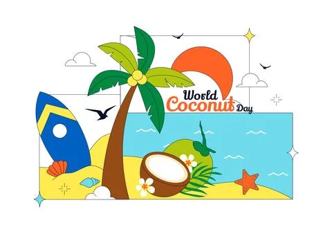 World Coconut Day Vector Illustration Featuring Fresh Tropical Coconuts, Pa.. Stock Illustration