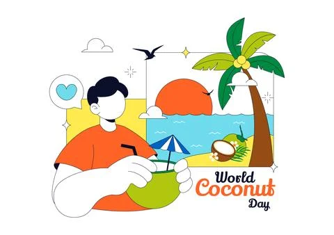 World Coconut Day Vector Illustration Featuring Fresh Tropical Coconuts, Pa.. Stock Illustration