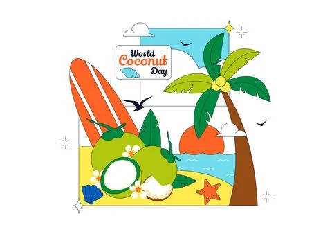 World Coconut Day Vector Illustration Featuring Fresh Tropical Coconuts, Pa.. Stock Illustration