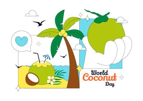 World Coconut Day Vector Illustration Featuring Fresh Tropical Coconuts, Pa.. Stock Illustration