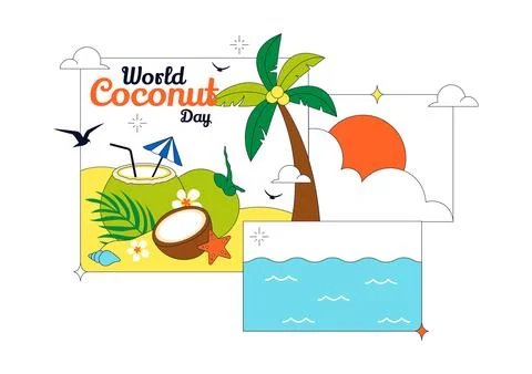World Coconut Day Vector Illustration Featuring Fresh Tropical Coconuts, Pa.. Stock Illustration