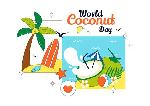 World Coconut Day Vector Illustration Featuring Fresh Tropical Coconuts, Pa.. Stock Illustration