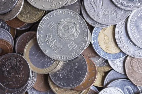 World Coin Collection Background Featuring International and Historic Currencies Stock Photos