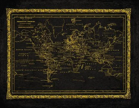 The World Commerce and Productive Industry Black And Gold Historical Map Stock Illustration