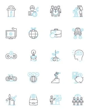 World commerce linear icons set. Globalization, Imports, Exports, Trade, Tariffs Stock Illustration