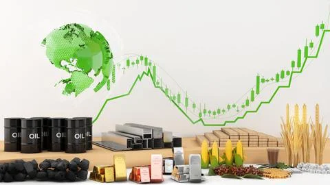 The world of commodity trading such as coal tar, gold, cotton, corn, sugar, s Illustrazione stock