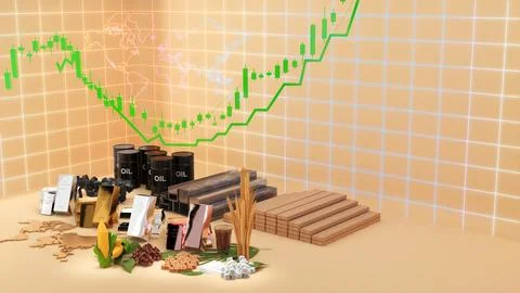 The world of commodity trading such as coal tar, gold, cotton, corn, sugar,.. Illustrazione stock