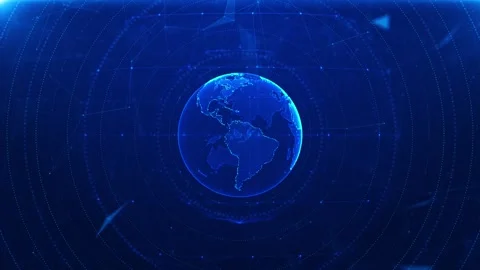 World communication HUD globe visual with blue orbit rings, network polygons, an Stock Footage 340552355