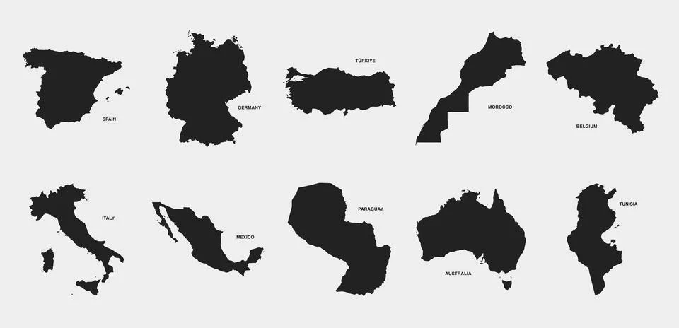 World Countries Black Silhouette Map Icon Set Two Stock Illustration