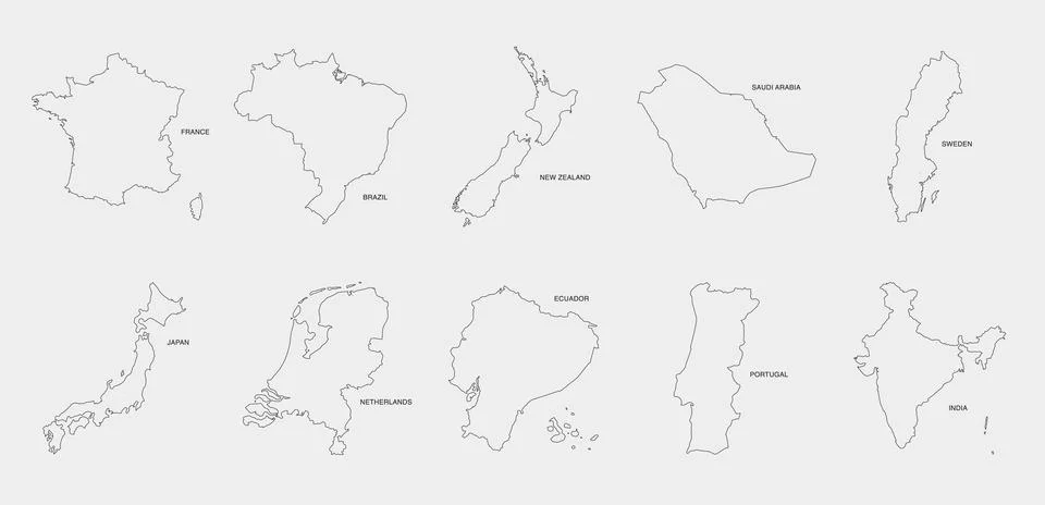 World Countries Outline Map Icon Set Three Stock Illustration