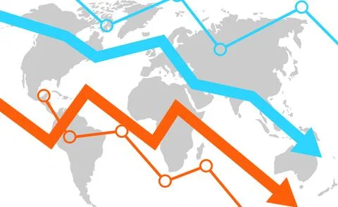 World crisis, decrease chart on background of global map Stock Illustration