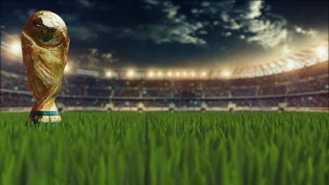 World cup in the stadium. mug on the grass. world cup concept. 3d render Stock Illustration