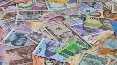 World currencies notes slow rotating. World money, economy. Low angle Video stock 103100020