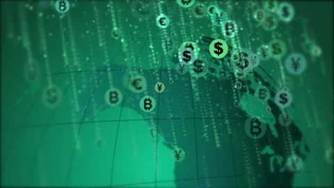 World currency symbols falling down like rain on green background Stock Footage 236468099