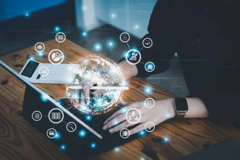 World of data analytics and digital technology, women are using tablet computers Stock Photos