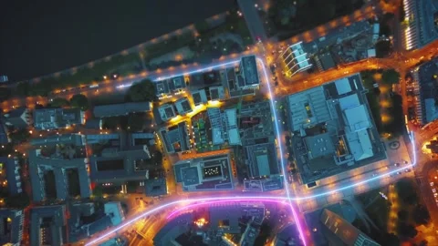 World Data Infographics Aerial View of Futuristic Night City Traffic Flow 库存影片 331045245