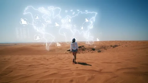 World Data Infographics Displayed over a Person Walking in the Desert Stockbeeldmateriaal 331045526
