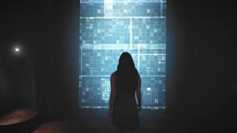 World Data Infographics Displayed on a Virtual Screen with a Woman 库存影片 331045507